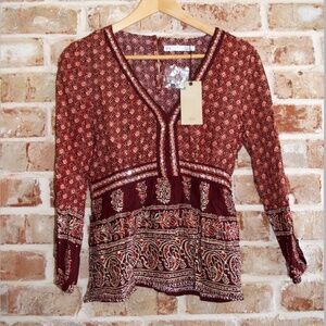 NWT Sfera Casual women's 3/4 sleeve peplum blouse. paisley with beading, size S